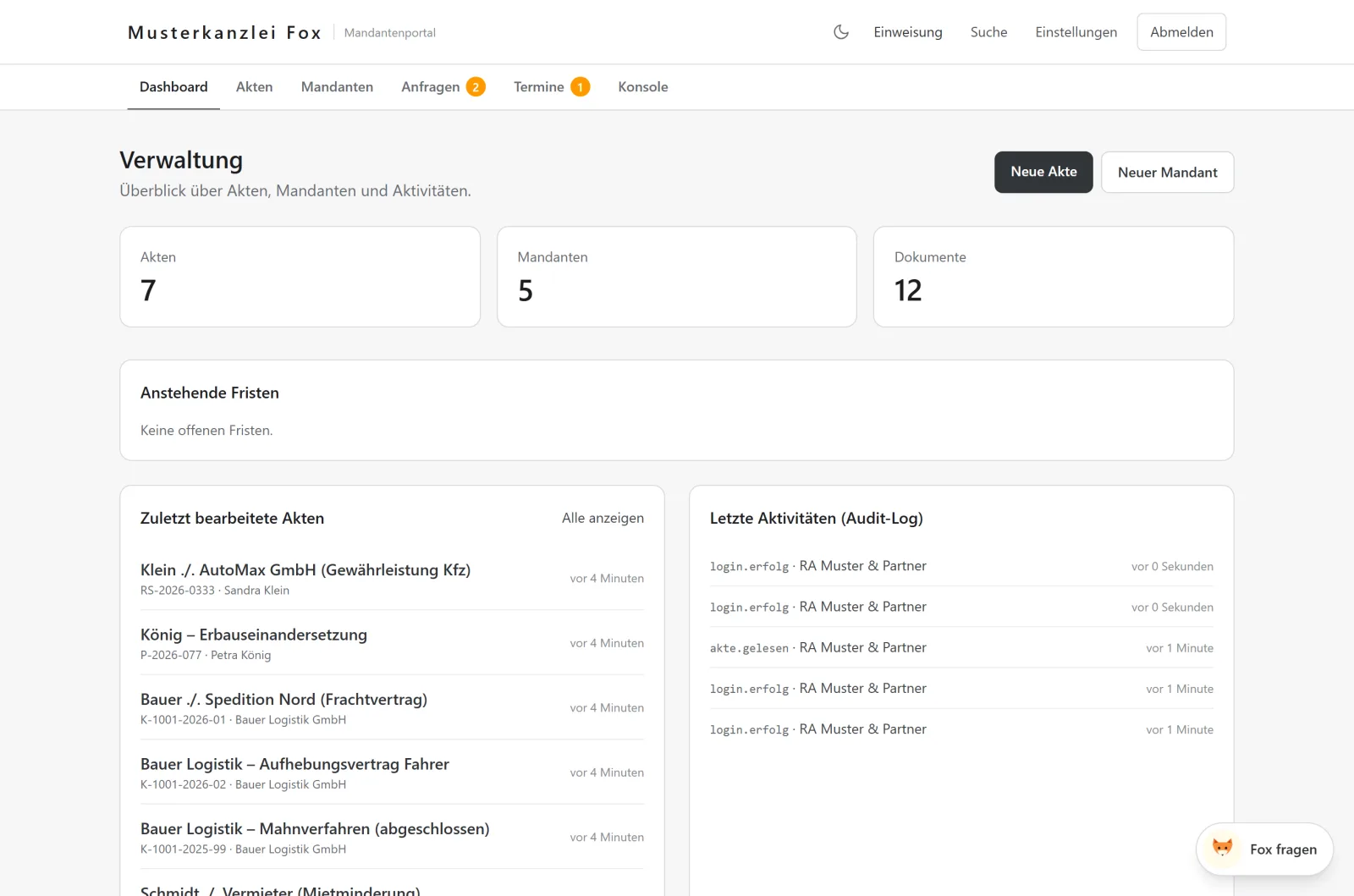 Dashboard von kanzleifox