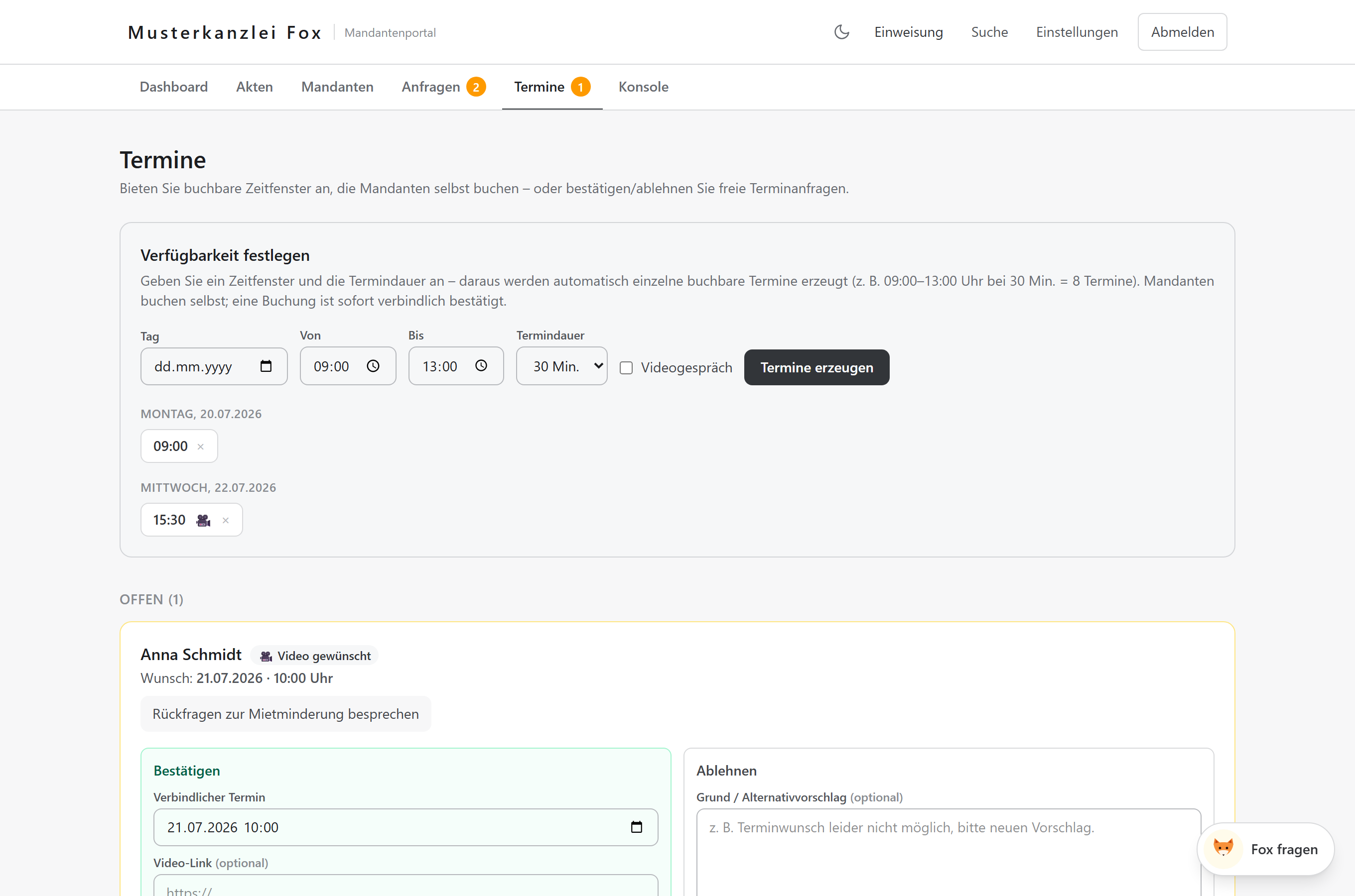 Online-Terminbuchung in kanzleifox